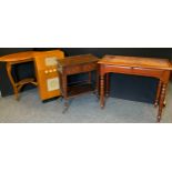 A late Victorian mahogany writing table, leather top, pair of small drawers to frieze, turned legs