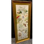 A Chinese embroidery, of Chinese figures in monumental landscape, 85cm x 28cm, framed