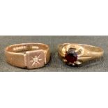 A diamond 9ct rose gold signet ring, size U; a garnet dress ring, size W, 6.9g gross (2)