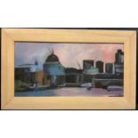 Modern British school, London, Abstracted skyline, signed with monogram R. R., oil on board, 29.