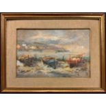 Continental school, Fishing boats at low tide, indistinctly signed, oil on board, 20cm x 29cm.