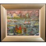 Thora Clyne (Scottish, bn. 1937), Thames Boats, oil on board, label to verso, 25cm x 31cm.