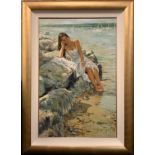 Gordon King The Rocks, Mudeford signed, oil on canvas, 76cm x 50.5cm