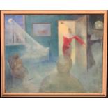 Mid 20th century, Modern British school, Moonlit room with figures, oil on canvas, 61cm x 76.5cm.