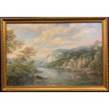 M. J. Rendell, River with Limestone Cliffs, signed, oil on board, 40.5cm x 61.5cm