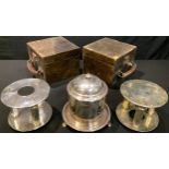 A Victorian Aesthetic Movement plated biscuit box, 19cm high; a pair of plated cake tier stands,