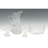A clear glass boat shaped bowl, frosted roses, hobnail and strawberry cut, 20cm diam; a clear