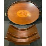 A George III revival mahogany and marquetry gallery tray, the field inlaid with an oval shell