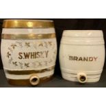 A large Victorian ceramic Scotch Whisky bar barrel; another, Brandy, smaller (2)