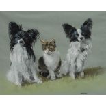 Jackson Sidekicks, a cat flanked by a pair of a dogs signed, mixed media on paper, 32cm x 40cm