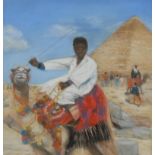 G.S. Howell (20th century) Camel Riding Before the Pyramids at Giza, Egypt signed, mixed media on