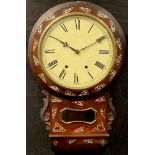 A Victorian rosewood and mother of pearl marquetry drop dial wall clock, 68cm high, 41cm wide, c.