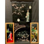 A pair of Japanese painted panels, with dragon and geisha, 61cm x 24cm overall; a Japanese silk wall