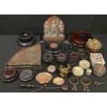 A Balanise plated plaque; trinket boxes; Oriental padouk wood stands; etc