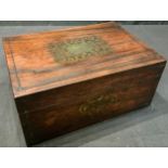 A Regency rosewood and brass marquetry rectangular work box, watered silk lined interior, c.1820