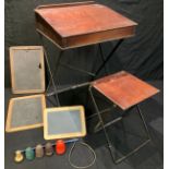 A child's folding desk and stool; a slate chalk board, another; assorted spinning tops and whip; qty