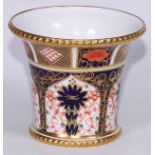 A Royal Crown Derby 1128 pattern flared cylindrical vase, beaded gilt borders, 12cm high, pink mark,