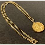 A gold full sovereign dated 1911, mounted as a pendant on a 9ct gold necklace chain, 23.7g