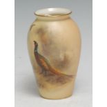 A Royal Worcester vase, painted by Jas. Stinton, signed, with a brace of pheasants, 11cm high,
