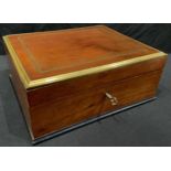 A brass mounted and strung mahogany jewellery box, hinged cover enclosing a lift-out compartmented