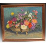 John Gough (late 20th century) Summer Flowers in a Trug signed, titled label to verso, oil on board,
