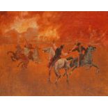 Madura (20th century) The Sword Battle, a fire ravages the background signed, oil on canvas, 40cm