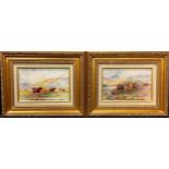 A pair of rectangular porcelain plaques painted by T G Abbotts, signed, Highland Cattle with cloud
