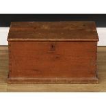 A Victorian pine chest, of small proportions, hinged top, skirted base, 26cm high, 50cm wide, 32cm