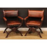 A pair of Italian Renaissance Revival Dantesca or Savonarola X-frame chairs, stuffed-over upholstery