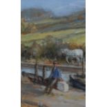 Chris Carlisle (late 20th century) Opening the Canal Lock inscribed to verso, oil, 14cm x 9cm