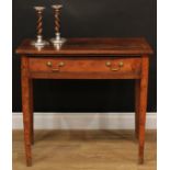 An 18th century vernacular elm side table, slight bowfront rectangular top above a long frieze