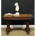 A William IV rosewood library table, rectangular top above a long frieze drawer, spreading