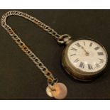 A silver open face pocket watch, white enamel dial, Roman numerals, silver outer case, 19th century,