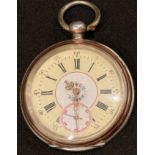 A 19th French silver open faced pocket watch, engraved to verso with horses, 7cm over loop, c.1880