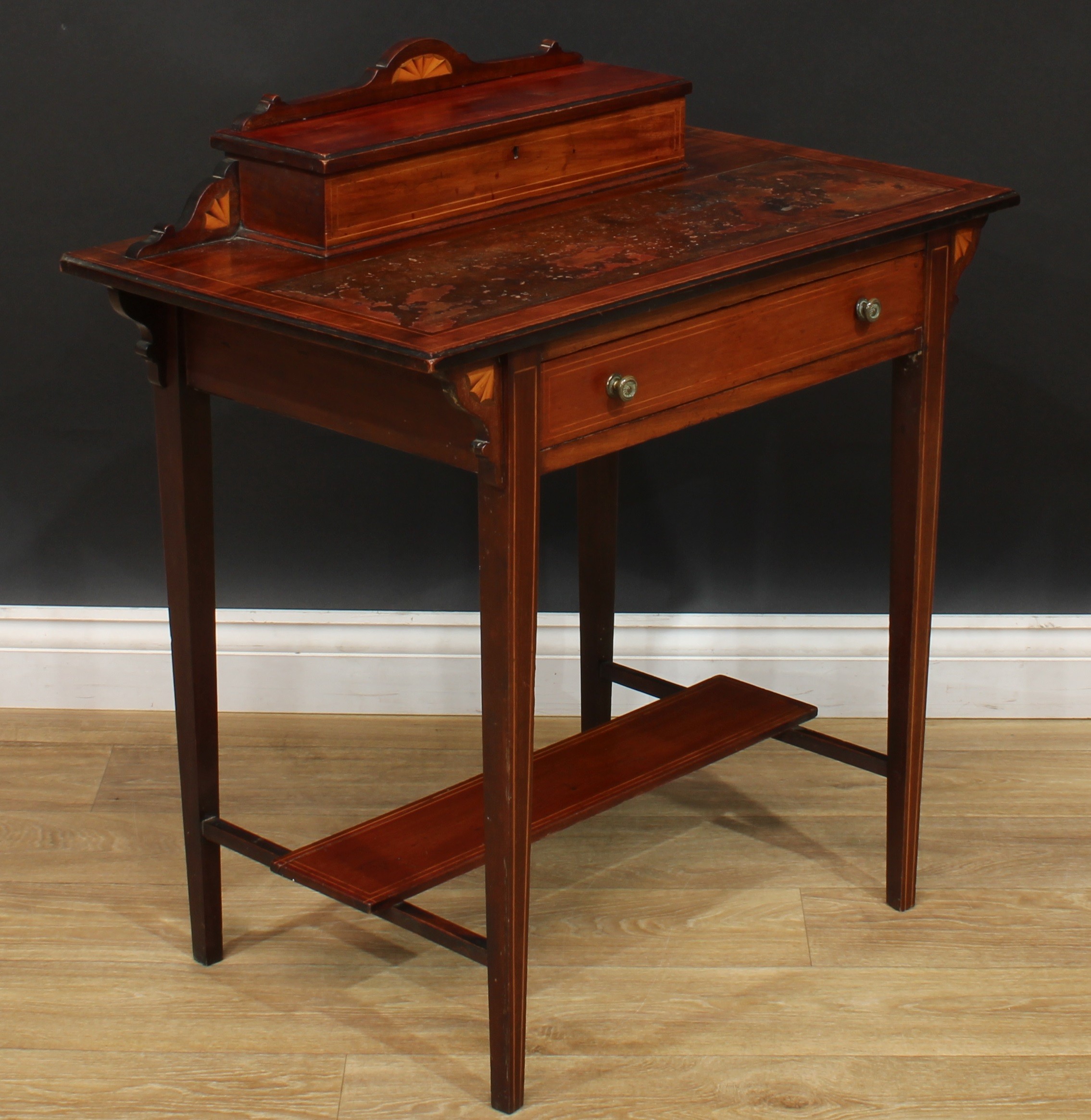 An Edwardian mahogany and marquetry desk, 82cm high, 76cm wide, 44.5cm deep, c.1905 - Image 3 of 4