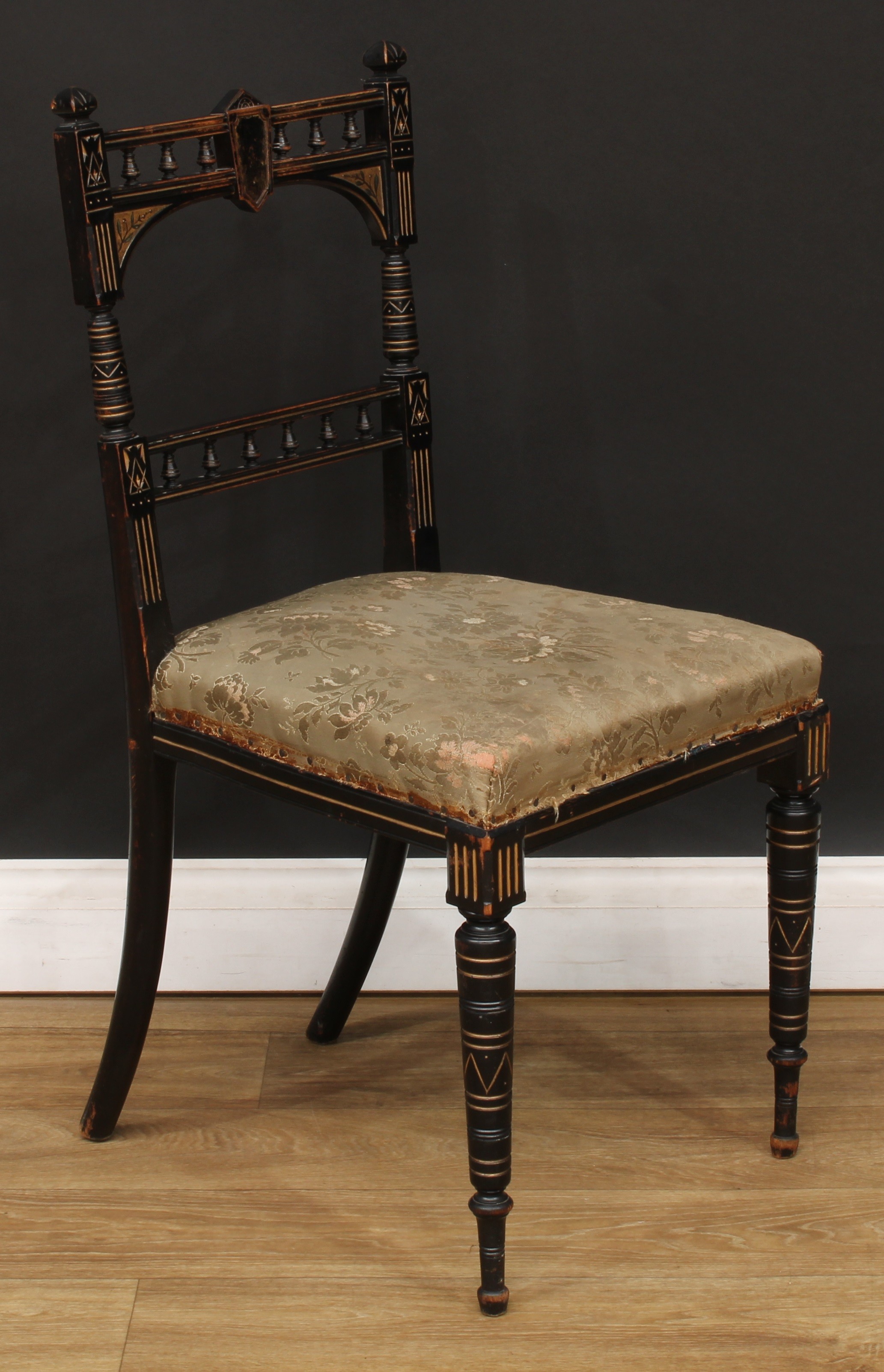 A late Victorian ebonised, parcel-gilt and painted side chair, 86cm high, 41cm wide, the seat 37cm - Bild 2 aus 2