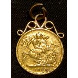 A Victorian gold half sovereign, 1899, 9ct gold mounted as a pendant, 4.5g