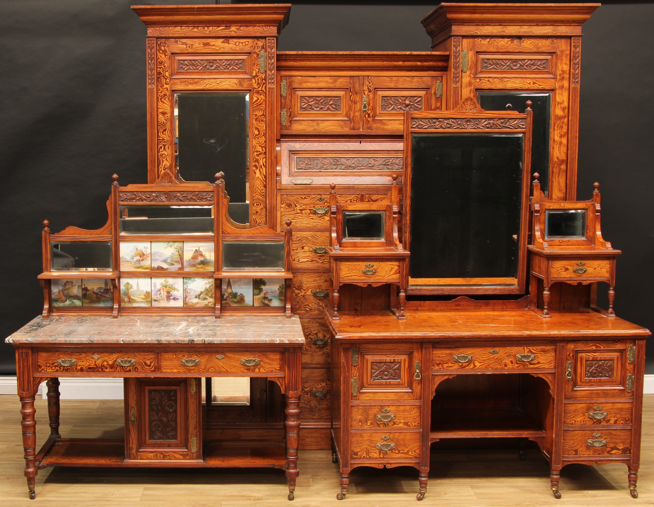 A late Victorian curly heart pine three-piece bedroom suite, by Edwards & Sons, Newcastle (Staff),