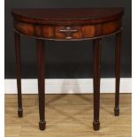 An Adam Revival mahogany demilune card table, folding top enclosing a baize lined playing surface,