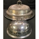 A large 19th century silver plated meat dome, bearing crest, 50.5cm wide, associated steel base;