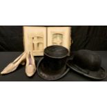 A Dunn & Co top hat; a bowler hat; a pair of Edwardian lady's silk shoes; a Victorian photograph