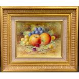 T G Abbotts, a porcelain panel, signed, painted with ripe fruit and berries on a mossy bank, 14cm