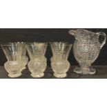 A Regency cut glass water jug, 17cm, early 19th century; a set of six thistle shaped ale glasses,