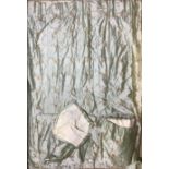 Textiles - a large pair of country house silk curtains, embroidered with flowers on duck egg ground,