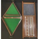 An early 20th century triangular oak snooker ball case, brass handle, Burroughes & Watts Ltd, c.