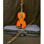 A Chinese child's practise violin, cased with bow