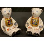 A Royal Crown Derby paperweight, Alphabet Bear L, gold stopper; boxed; another Alphabet Bear E, gold