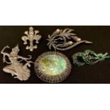 Jewellery - two marcasite brooches; a silver and mother of pearl brooch; two silver brooches (5)