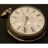 A silver open face pocket watch, white enamel dial, Roman numerals, silver outer case, 19th century
