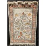 A Middle Eastern silk prayer mat, depicting hunters on horseback in pursuit of deer, machine made,